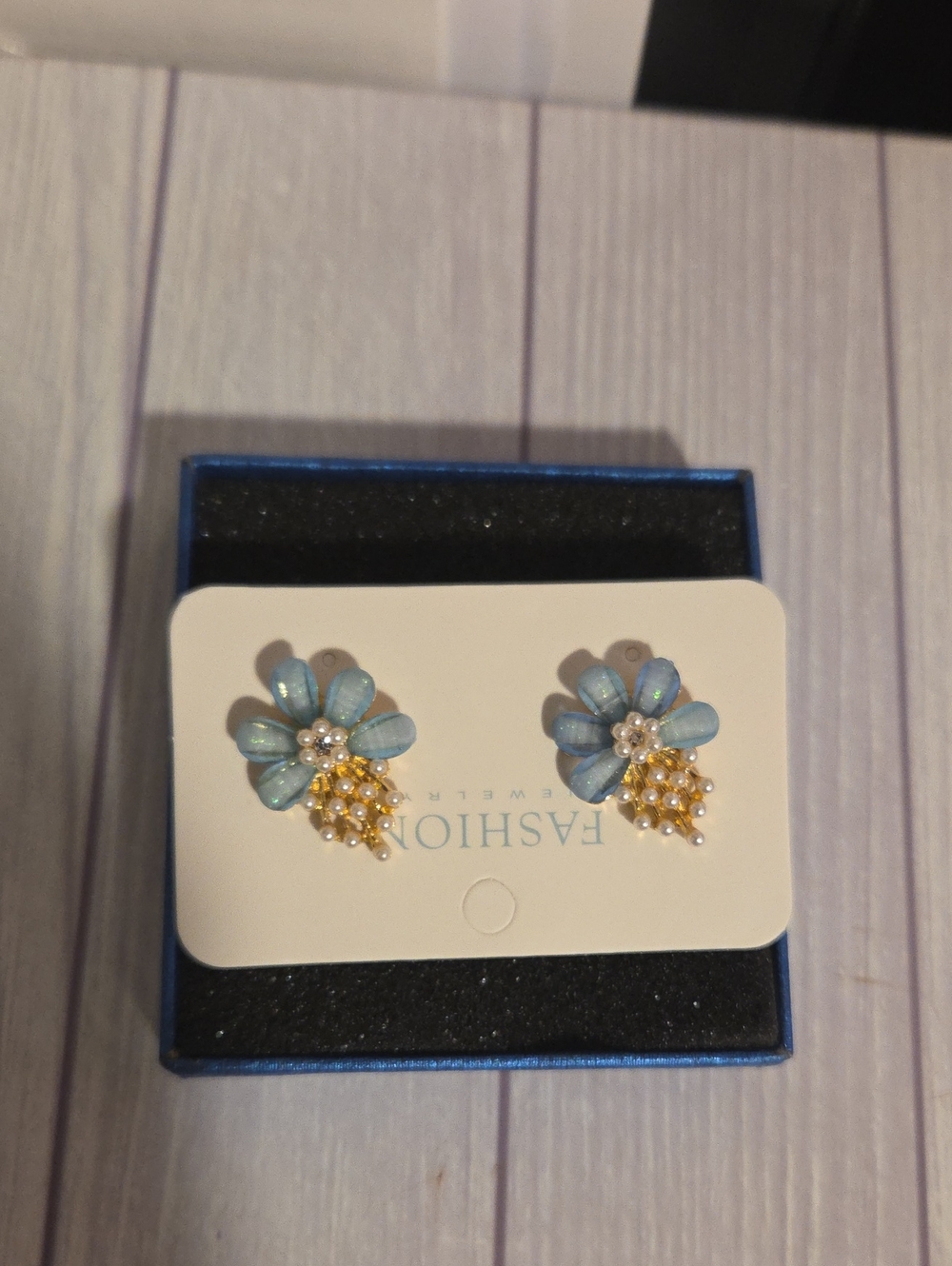 Blue Floral Cluster Stud Earrings with Gold Accents
